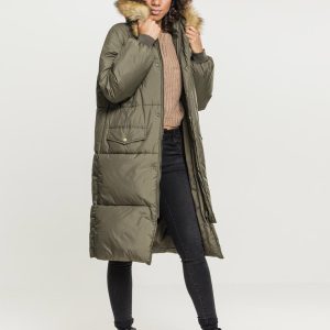 Urban Classics Dame Oversize Faux Fur Puffer Jakke Mørk Oliven / Beige